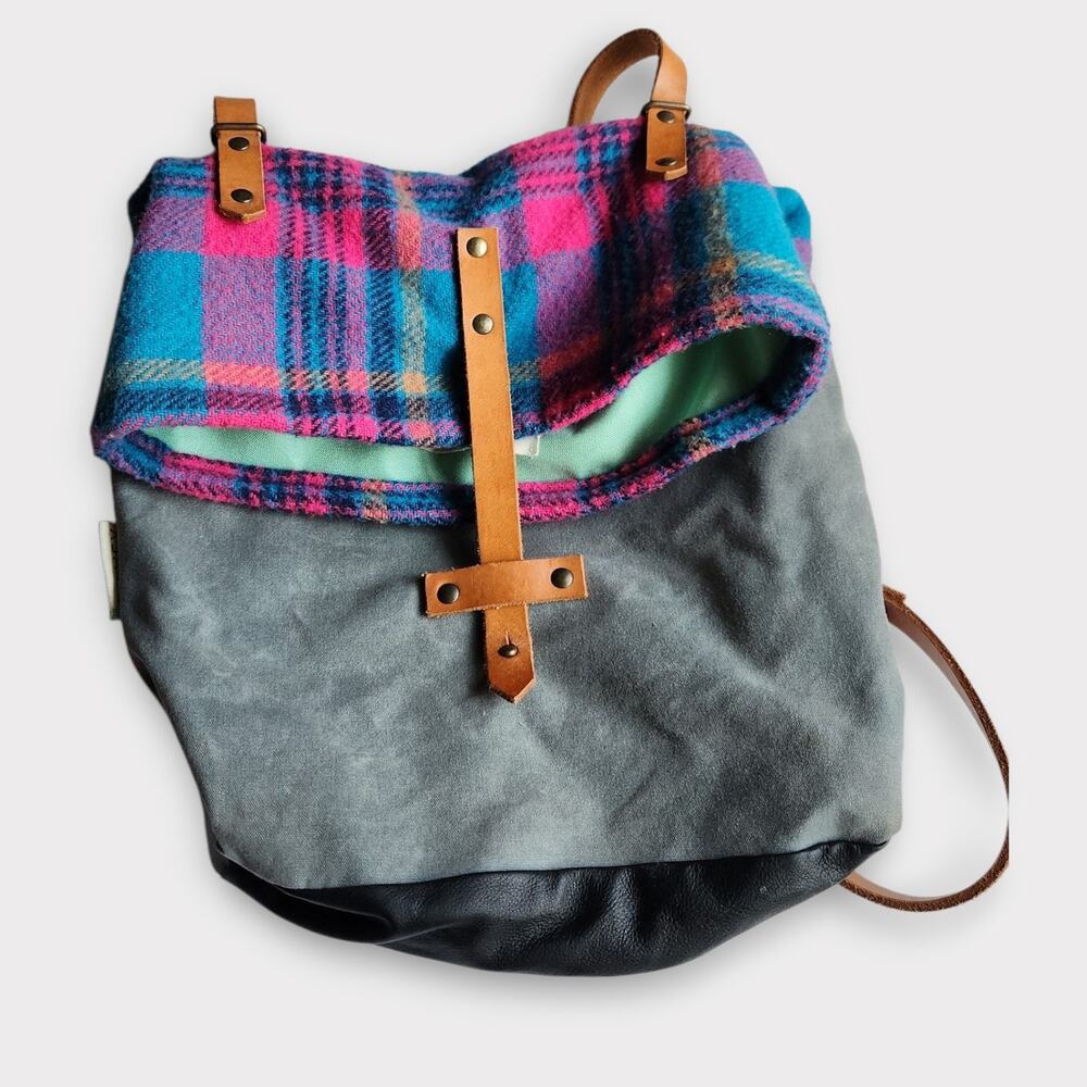 Bri Davey Wool Plaid Canvas Leather Backpack Handmade Rucksack